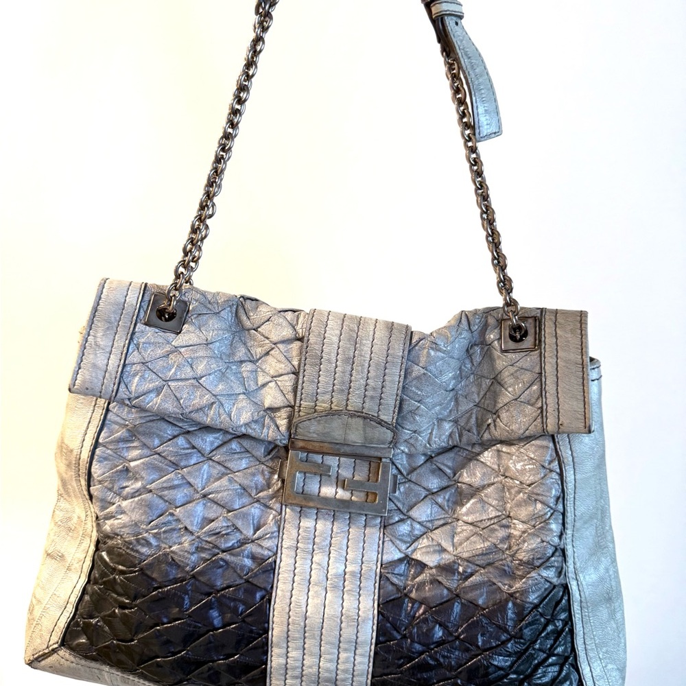 Fendi Silver, Grey, and Midnight Leather Shoulder Bag. Vintage.